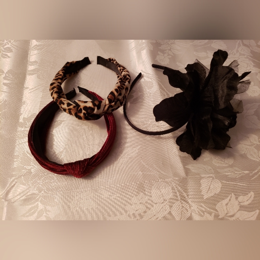 Women's Dressy Headbands, Lot of 2, Black Rose, Wine, Leopard, NWOT